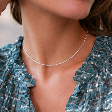 Whizat Necklace fine silver layering chain styled on neck clean minimal aesthetic