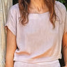 Yorke Blouse lightweight square neck top in soft neutral tone worn on model showing relaxed fit and rolled short sleeves.