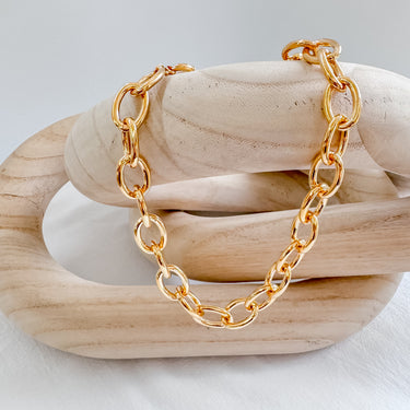 Close-up of Anastacia gold filled chain necklace by Matte