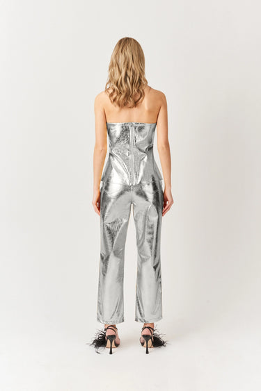 Back view of silver bandeau top showing shimmer texture and structured fit, Mave Top by Matte.
