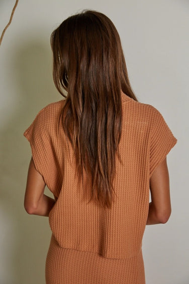 Barbara Top terracotta waffle knit cap sleeve top back view.