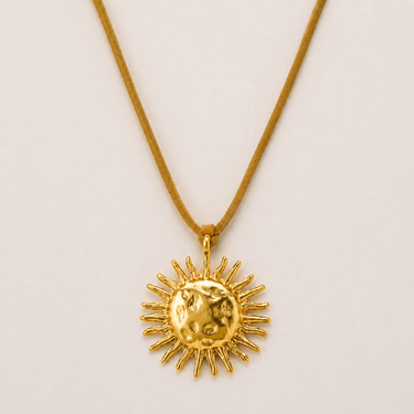 Bumert Necklace gold sun pendant necklace with bold celestial charm and yelllow suede cord