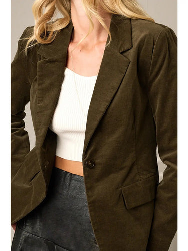 Close-up of the Cloe Corduroy Blazer Jacket featuring the soft corduroy texture, classic notch lapel, single-button front closure, and tailored fit.