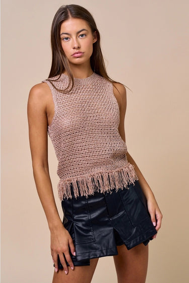 Clotet Top front view highlighting breathable open-knit fabric, soft taupe color, and subtle boho fringe detail.