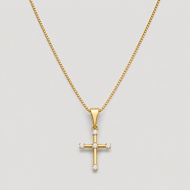 Cross Necklace delicate gold chain with classic cross pendant displayed on neutral background.