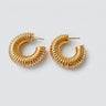 Drake Hoop Earrings featuring polished gold-plated ribbed hoop earrings with a bold sculptural silhouette, evenly spaced textured ridges, chunky rounded profile, secure post-back closure, high-shine finish, and a modern statement design.