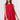 A woman wearing a vibrant red, sleeveless summer dress with a floral eyelet pattern, featuring a button-down front.