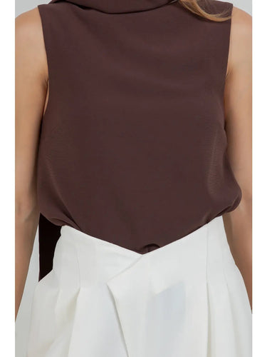 Gladstone Blouse close-up of rich chocolate fabric and asymmetrical hem detail.