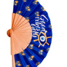 Blue hand fan with protective eye print and “Good Vibes Only” text – wooden handle – Matte
