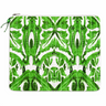 Beach pouch with green tropical-inspired print featuring abstract leafy patterns and zip closure on a flat rectangular pouch.