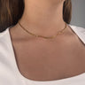 Model wearing Halo Necklace by Matte, gold filled rectangular link chain, 16 inch