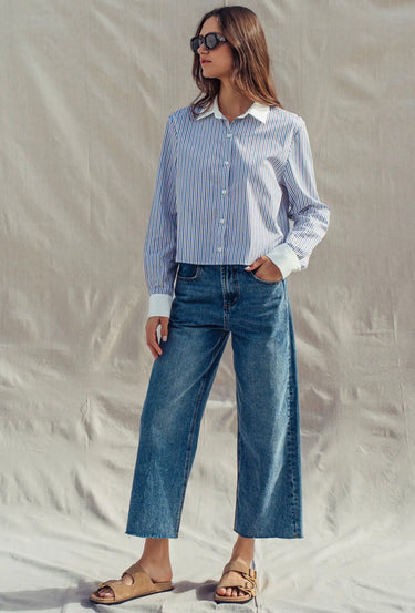 Front view of The Hampton Stripe Shirt styled with denim.