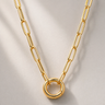 Inzu Necklace gold paperclip chain with circular clasp detail, polished 18k gold filled finish on neutral background.