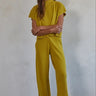 Ithaca Pant olive mustard ribbed knit wide-leg pants styled with matching top.