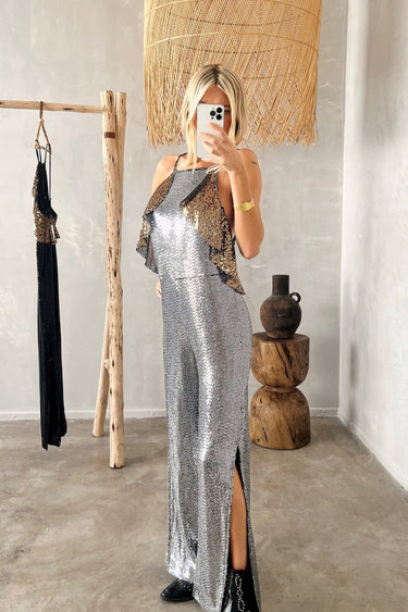Close-up of sequined fabric from Jazmin Jumpsuit in silver tone — Matte Concept Store