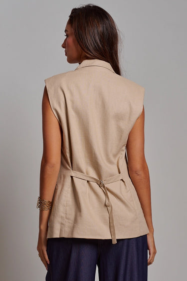 Kaia Vest back view of beige sleeveless tailored vest.
