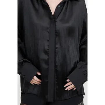 Close-up of the sheer sleeves and lace trim on the Kayden blouse.