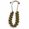 Loan Necklace olive green beaded necklace glossy beads with gold accents earthy tone statement jewelry.
