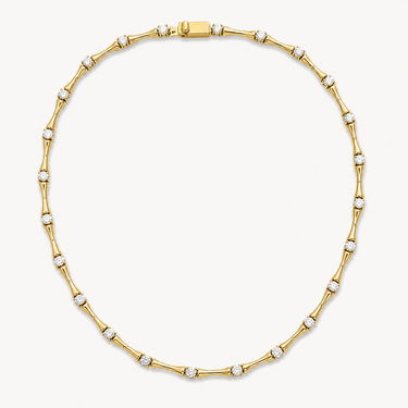 Lonet Necklace gold filled zirconia link necklace on neutral background.
