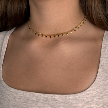 Model wearing Maison Necklace by Matte, gold plated disc chain choker, 14 inch