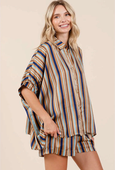 Mara striped blouse paired with matching shorts.