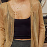 Front view of the Mats Metallic Cardigan showcasing the lightweight metallic knit texture, fitted silhouette, open-front styling, and subtle shimmer finish.