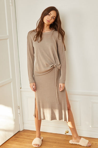 Full-length view of the Mur Sweater styled with front tie.