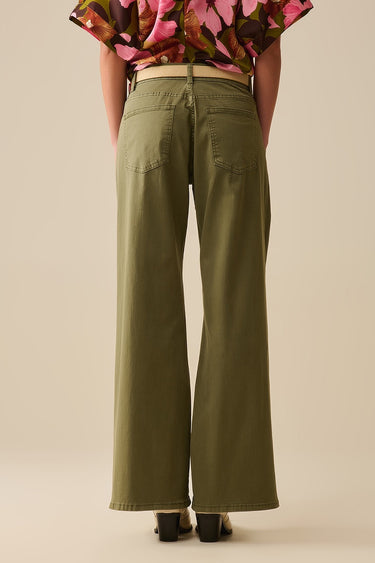 Nerina Pant – olive green wide-leg pants back view highlighting clean silhouette.