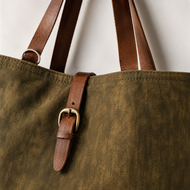 Pampa Tote Bag close-up showing leather strap detail and textured fabric finish with warm brown accents