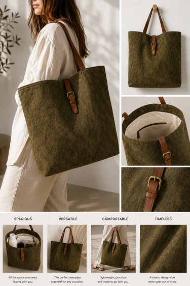 Pampa Tote Bag styled collage showing tote bag in everyday use and travel-inspired looks.