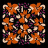Picasso Scarf with multicolor artistic floral print on black background, square silky accessory photo for Matte.