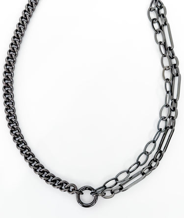 Plams necklace by Matte, black enamel dual chain design with mixed link sizes and toggle clasp