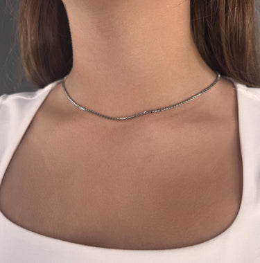 Model wearing Plano Necklace by Matte, silver box chain choker, 14 inch