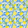 Posty Scarf with vibrant lemon print layered over blue Mediterranean tile-inspired pattern, featuring detailed citrus illustrations and ornate motifs on a lightweight square scarf.