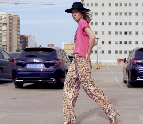 Model walking and posing in Leopard Print High-Rise Wide-Leg Pants, showing front, side, and back views with casual styling.