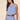 Ritzi Blouse blue striped cropped top worn with matching skirt, showing flowy silhouette and relaxed fit