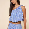 Ritzi Blouse blue striped cropped top worn with matching skirt, showing flowy silhouette and relaxed fit