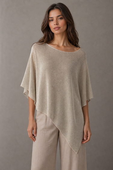 Rueth Poncho soft ivory poncho top with fluid drape and asymmetrical hem, featuring a loose silhouette for a relaxed, effortless look.