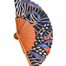 Colorful safari-inspired hand fan with hearts print and a wooden handle on a white background