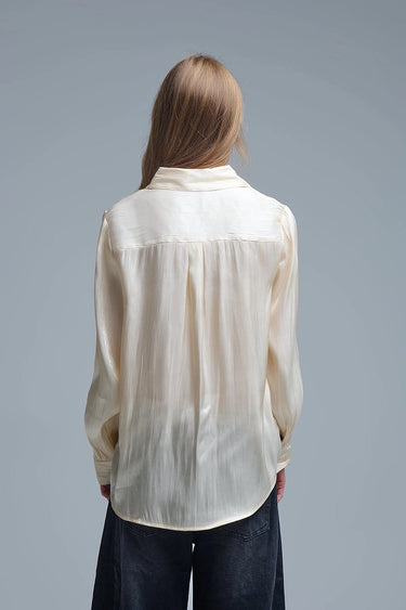 Soft champagne silky shirt with glossy finish and effortless drape — Sandora Shirt.