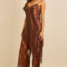Front view of the brown Sap satin and lace matching set.