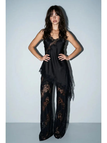 Front view of the Sap satin camisole and lace pants matching set.