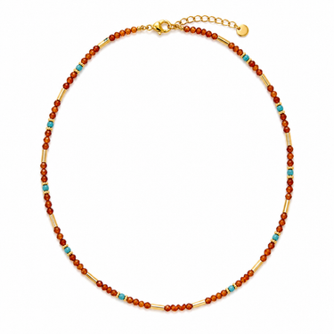 Sarkit Necklace colorful faceted bead necklace featuring warm orange copper and gold tones.