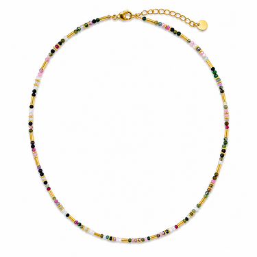 Sarkit Necklace delicate multicolor earthy toned beaded necklace with fine gold details for layering.