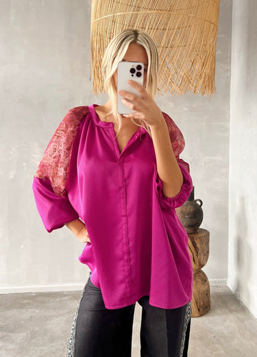 Close-up of Shibori Blouse fabric texture in fuchsia and lace contrast — Matte Concept Store