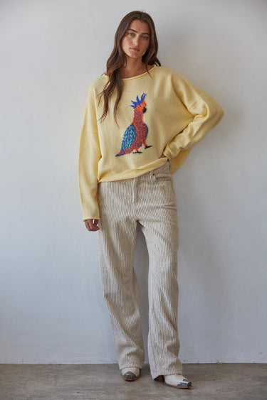 Full-length front view of the Syrat Sweater showcasing the oversized fit, embroidered bird detail, relaxed sleeves, and effortless everyday styling.