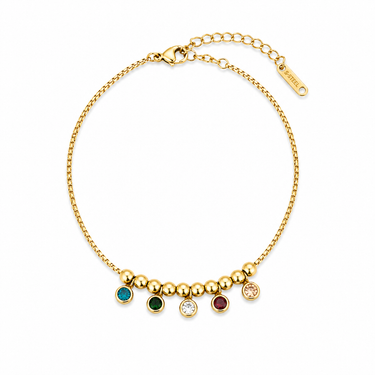 Syrath Anklet gold chain anklet with multicolor crystal charms on white background.
