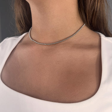 Model wearing Tight Necklace by Matte, silver ball chain choker, 14 inch