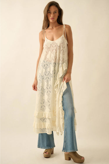 Tiks Layering Midi Dress ivory lace midi dress styled over relaxed denim jeans showing layering versatility and bohemian silhouette.