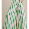 Green and white vertical striped wide-leg pants shown from the front with a high-rise elastic waistband.